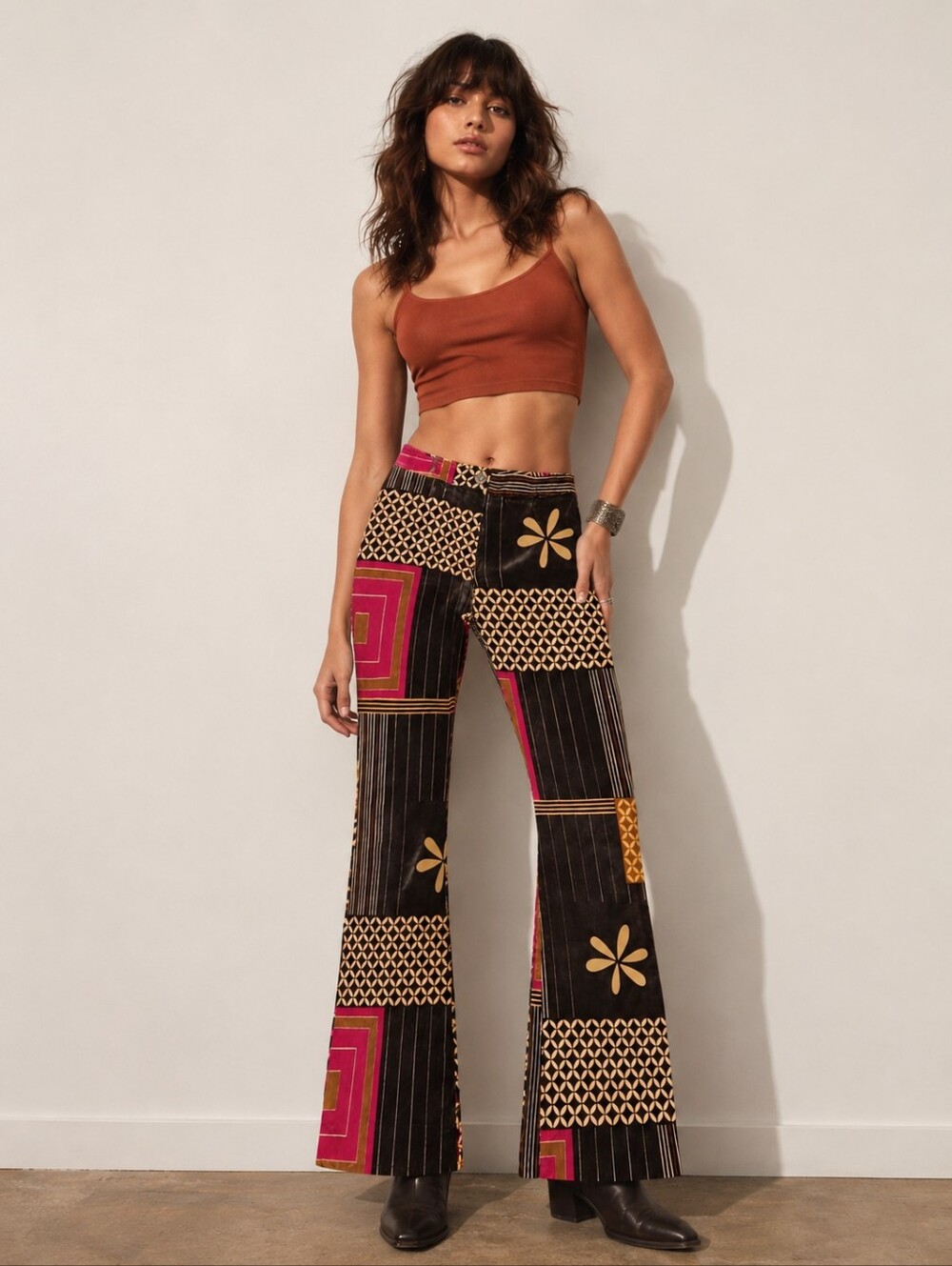 Etcetera Black Patchwork Floral Flare Pants with Pink Accents